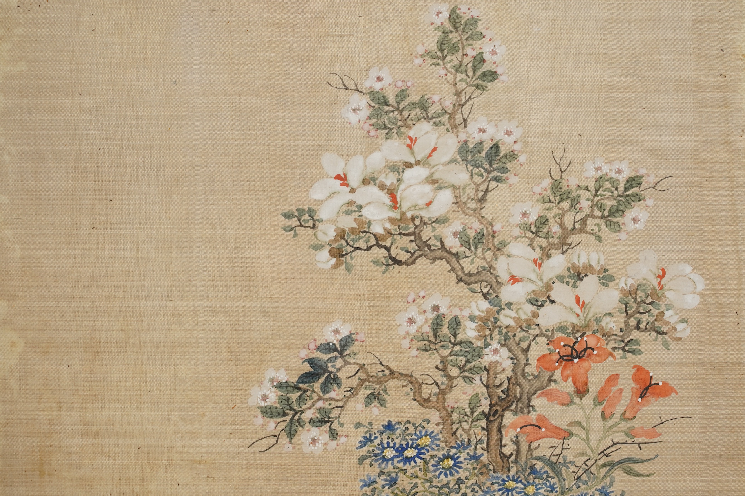 Chinese School , (Early 20th century), Antique vessels and flowers, Ink and colour on silk, 57cm x 36cm